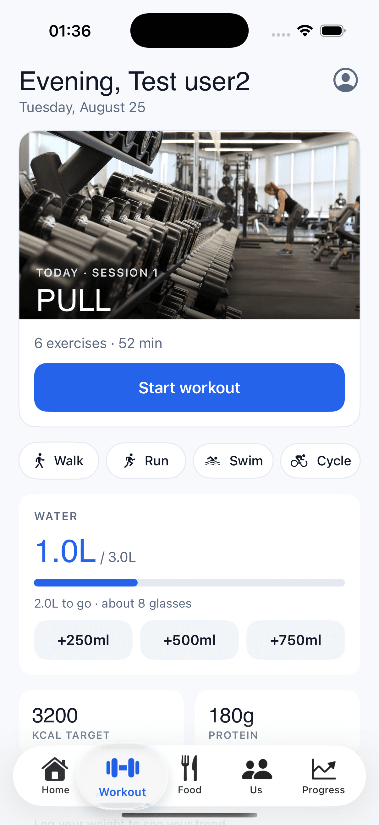 Sweathearts home — today's PULL session, water intake and daily targets.