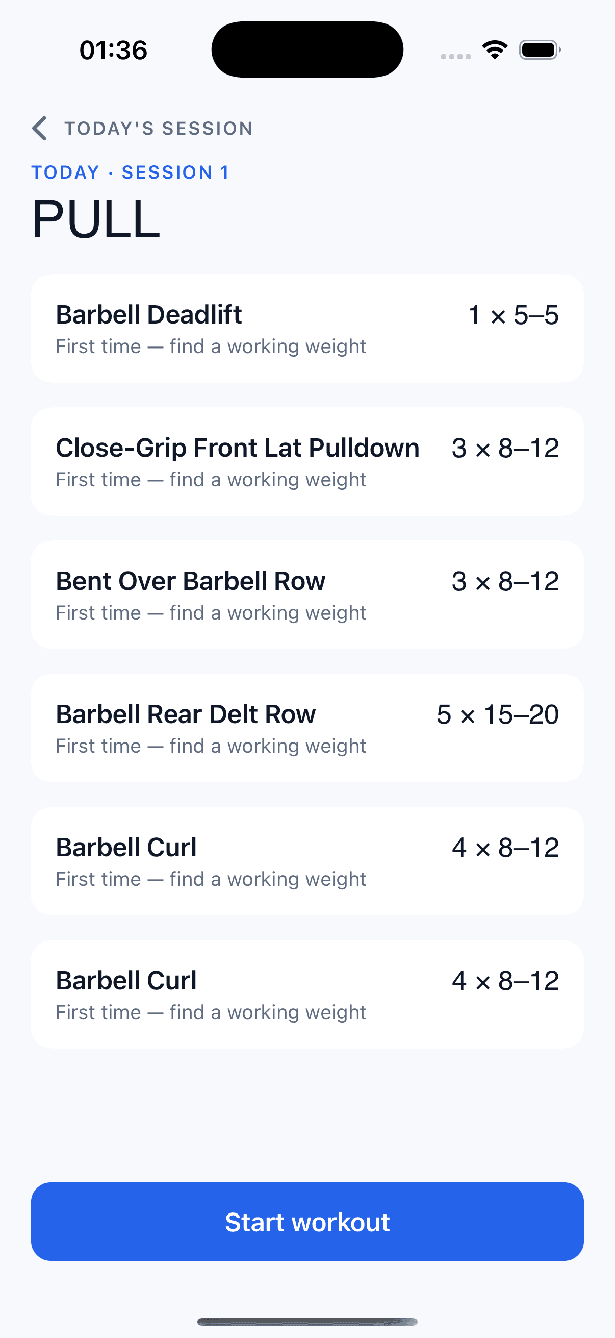 Today's session — every exercise laid out with sets and reps.
