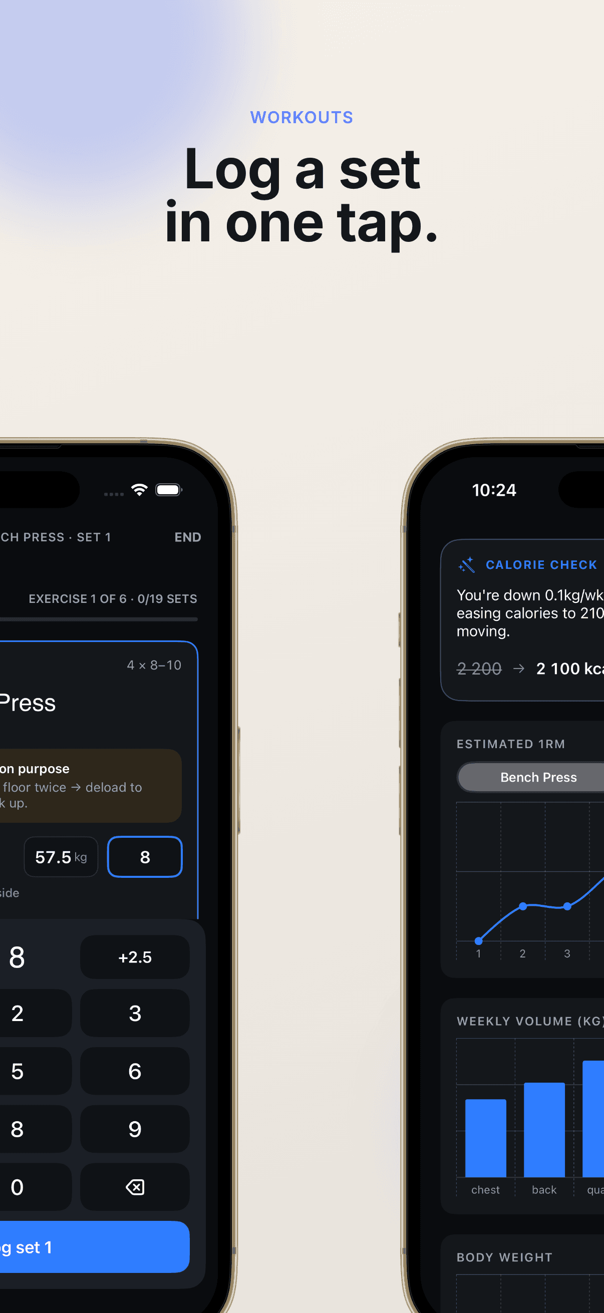 Log a set in one tap — live workout with weight keypad and rest timer.