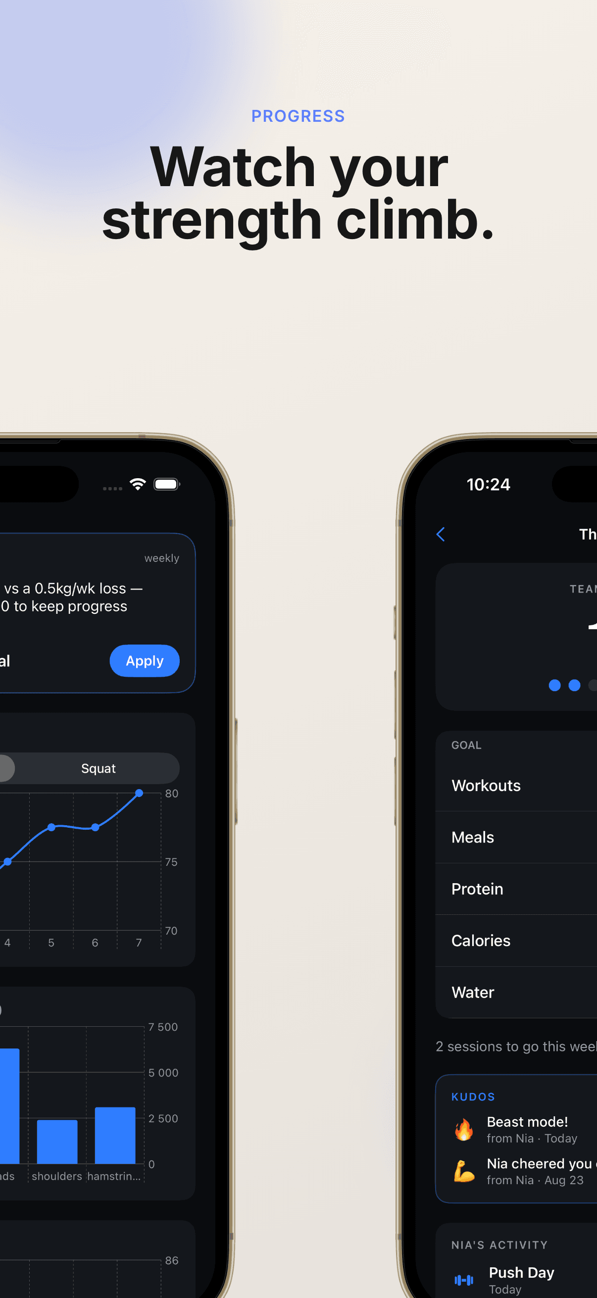 Watch your strength climb — progress charts and estimated 1RM.