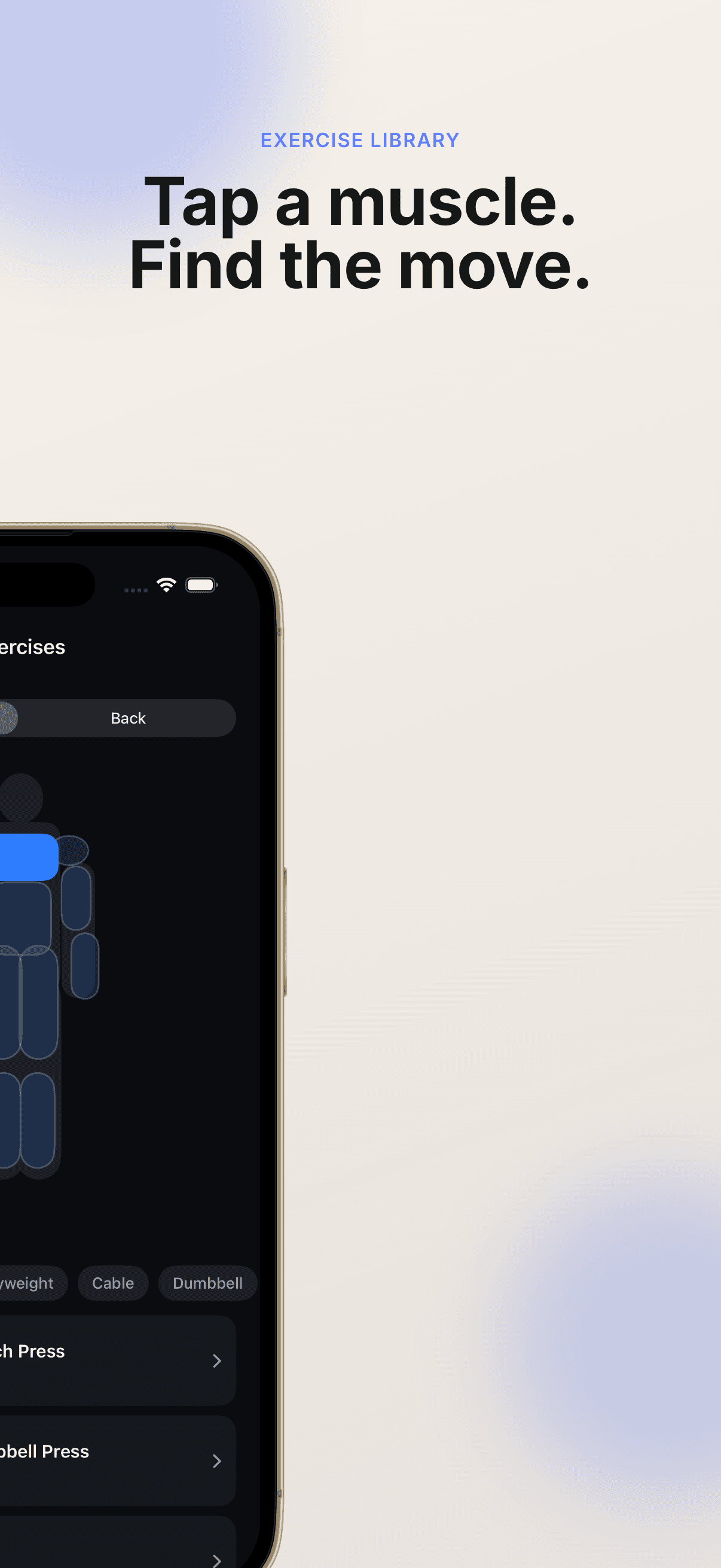 Tap a muscle, find the move — the exercise library.